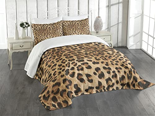 ABAKUHAUS Leopard-Druck Tagesdecke Set, Wildtierhaut, Set mit Kissenbezügen Maschienenwaschbar, für Doppelbetten 220 x 220 cm, HellBraune schwarz