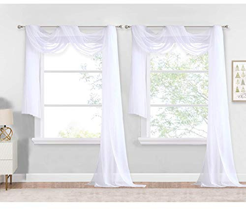 NICETOWN White Sheer Window Scarf 216 inch Extra Long 2 Panels, Soft Voile Textured Bed Canopy Scarf Curtains for Event Designs/Home Decor, 60 inches Wide,
