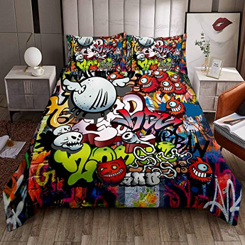 Hip Hop Decor Comforter Cover Hippie Graffiti Stile Biancheria Da Letto Set Cultura Stradale Copripiumino Moderno Grafica Parete Urban Art Copriletto Decorazione Camera Matrimoniale 3 Pz