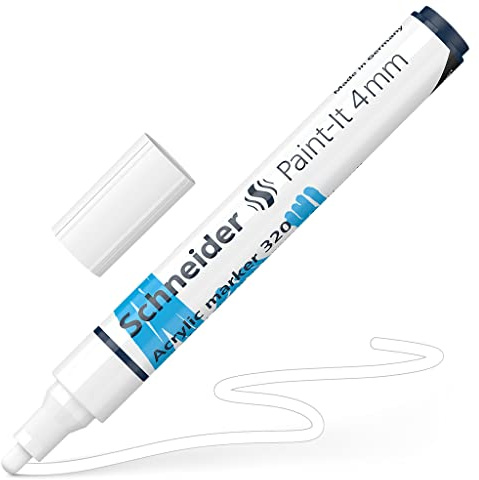 Schneider 120249 Paint-It akrylpenna (med 4 mm rund spets, hög täckande akrylfärger för trä, duk, sten och mycket mer.) 1 st, vit
