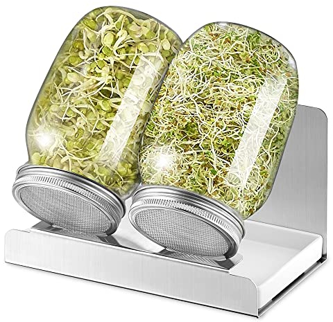 ecooe Sprossen Keimglas 1000ml, 2er Sprouting jar Glas, keimgläser für sprossen mit 2er Filtergitter Abdeckungen aus Edelstahl 304, 1 Ständer und 1 Wasserschale