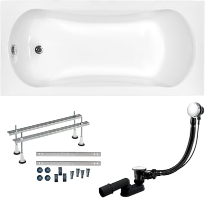 BADLAND Badewanne Original Weiß Acryl Wanne Rechteck ARIA 150x70 KOMPLETTSET SET + Füßen und Exklusive Chrom Automatik Ablaufgarnitur Made in EU 3in1
