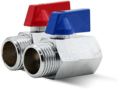 DOJA Barcelona | Valvula de Esfera Mini | 2 Piezas | Azul y Rojo | 1/4 | M - H | Valvula de Esfera Mini de Laton Cromado | Mini Valvula Bola para Bombas de Agua, Grifo Exterior, Conexiones de Agua..