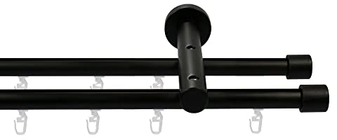 Garesa Gardinenstange Kea Ø 20mm, 2-läufig, Schwarz I Aluminium Vorhangstange inkl. Gleiter I Endknopf Kappe aus Holz I Für mittelschwere Vorhänge I 170cm