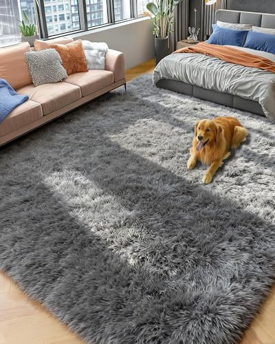 Fluffy Grey Rug for Bedroom 4x6, Modern Area Rugs for Kids Room Living Room