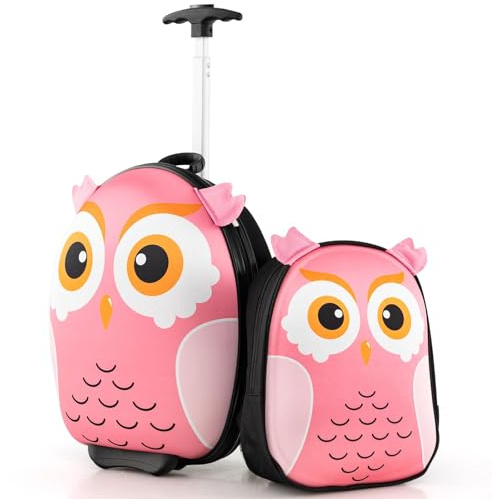 RELAX4LIFE Set 16''+12'' di Valigie per Bambini 2 in 1, 2 Pezzi, Trolly 16''+Zaino 12'', con Ruote Girevoli, Maniglia Retrattile, Zaino con Piedini in Plastica (Gufo)