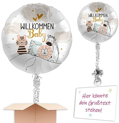 Gefüllter Heliumballon zur Geburt Willkommen Baby mit Dschungeltieren inkl. Schmuckbändern und Ballongewicht zum verschenken oder versenden an eine andere Lieferadresse - Mit Karte