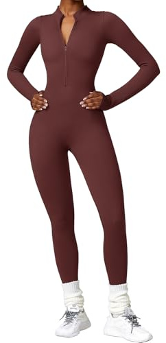 JN JANPRINT Ribbed Jumpsuit for Women Yoga Unitard Long Sleeve Sport Romper Zip Up V Neck Gym Playsuits Bodycon All In One Jumpsuits(brown,M)