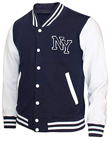LP-FACON Ny Bomber Jacket - Felpa in pile stile college/baseball varsity high school Letterman, Blu navy e bianco., M