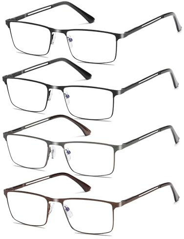 Fsread 4 Pack Blue Light Blocking Reading Glasses For Men with Spring Hinges Rectangular Reader Full Frame Ultralight Metal Frame +1.25