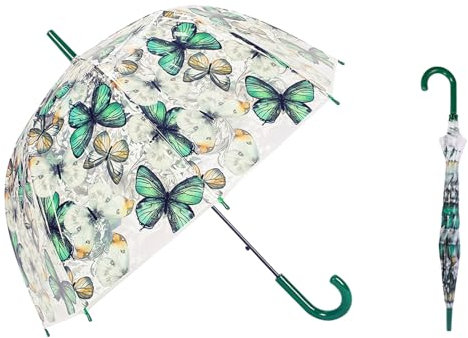 ThreeH Parapluie dôme pour femmes avec canopée POE coupe-vent Poignée courbée avec de beaux motifs de papillons Ouverture automatique,Vert