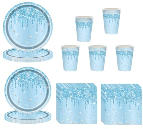 60 Pcs Baby Blue Party Tableware Set for Him Her,Girl,Women; Birthday, Wedding, Baby Shower; Sparkling Blue Paper Plates, Cups and Napkins Dinnerware Set