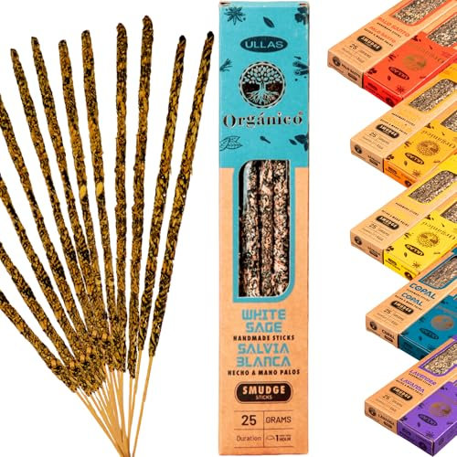 Incienso Salvia Blanca Orgánico Ullas – Varillas Naturales para Limpieza Energética, Purificación y Aromaterapia – White Sage Smudge – 25 Grams |1h Duración