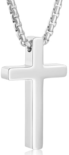 Aretas Small Stainless Steel Cross Pendant Necklace for Men Boys Him Christian Jesus Confirmation Baptism Easter Jewelry Gifts, Chain Necklace 24 Inches