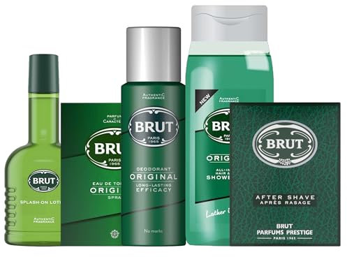 Brut Original Men's Fragrance Gift Set – Aftershave, Eau de Toilette, Deodorant, Splash-On Lotion & Hair & Body Wash – Long-Lasting Classic Scent, 5-Piece Set