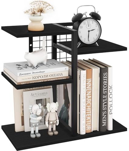 ELITEROO Desktop Bookshelf, 4 Tier Wood Desk Organizer Shelf, Tabletop Storage Shelf Rack for Office Supplies, Desk Decorations for Women Office, Rustic Black