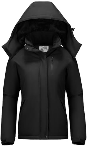 OutPro Winterjacke Damen Wasserdicht Skijacke Snowboardjacke Hooded Warm Dickes Gänsedaunenfutter Doppelte Seitentaschen Wanderjacke mit Reißverschluss für Outdoor-Aktivitäten Schwarz M