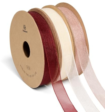 Vitalizart Nastro di Organza 0,95 cm x 27,4 m Rosso & Crema & Rosa, 3 Rotoli x 9,14 m, Nastro Decorativo per Confezioni Regalo, Lavori Manuali, Fiocchi per Alberi di Natale, Inviti di Nozze, Bouquet