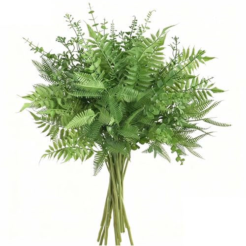 Eclove Artificial Greenery Stems, 12 PCS Mixed Faux Boston Fern Plants Green Leaves Eucalyptus Stems for Home Garden Office Floral Arrangements Table Centerpieces Wedding Party Decoration