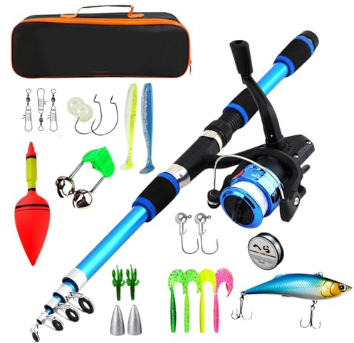Juego de pesca para niños, 1,8 m, juego de iniciación con carrete, cebo y bolsa de transporte, caña de pescar para niños, caña de pescar telescópica, accesorios de pesca, juego completo para 3 – 10
