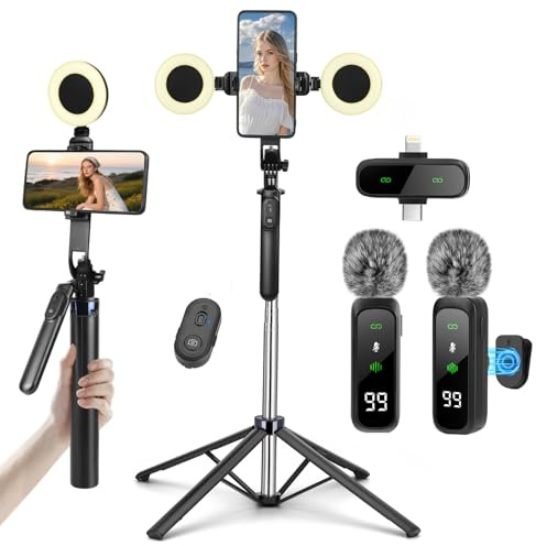 Kit de démarrage pour créateur de contenu, kit de vlogging pour iPhone/Android, trépied pour smartphone de 180 cm avec 2 lampes de remplissage et microphone sans fil, kit de démarrage pour selfie
