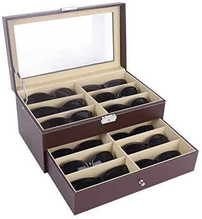 AUTOARK Scatola per Occhiali da Sole in Pelle,12 Pezzi,con Cassetto,con Serratura,Vetro Trasparente,Marrone,AW-129