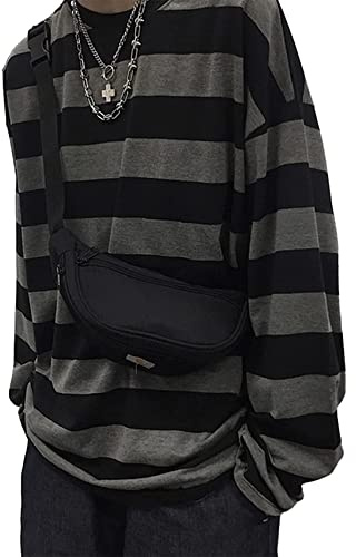 Women Harajuku Oversized Stripe Casual Long Sleeves Crewneck T-Shirt Tee Tops Grey
