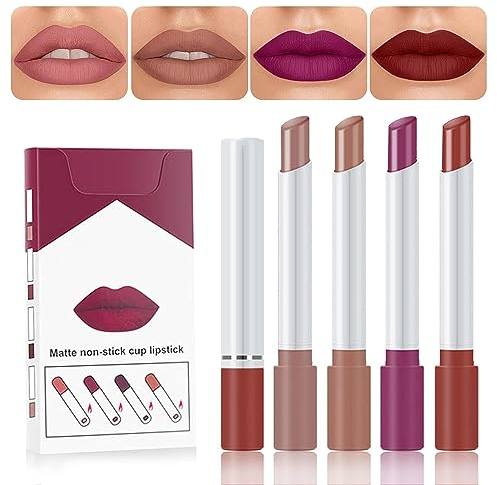 Lipstick de 4 Colores Brillo de Labios mate Pintalabios mate Larga Duracion Velvet Lip Gloss Set Taza Antiadherente Lápiz Labial Impermeable sin Decoloración Cosméticos