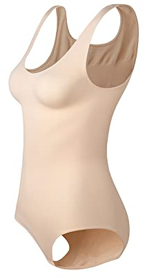 KSKshape Shapewear Bodysuit för kvinnor magkontroll kroppsformare sömlös rund hals midjetränare topp, BEIgE, M