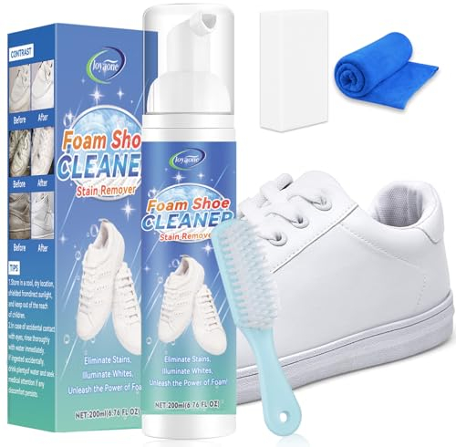 White Shoe Cleaner, Trainer Cleaning Kit with Brush, Towel and Sponge, Safe Material, Ready Foam Easy to Apply, Wet Wash or Waterless, Suitable for Sneakers, Canvas, Leather, Knit Shoes (200 ml)