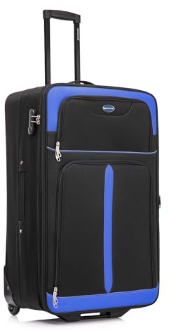 Aerostar Large 29” Lightweight Softshell Expandable Suitcase, Check in Luggage 2 Corner Wheels with Integrated Combination Lock (Black/Blue, 100 litres)