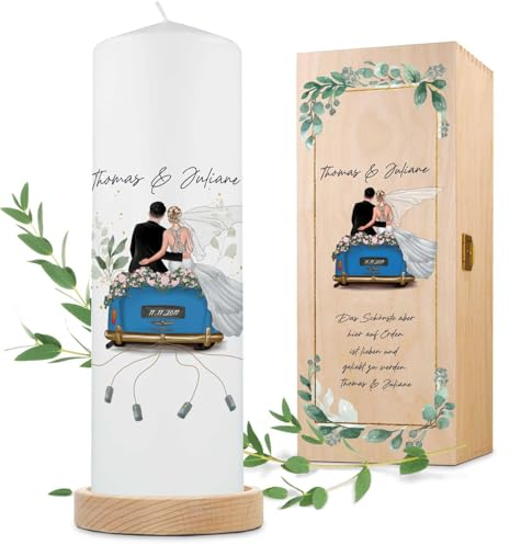 GRAVURZEILE Bedruckte Kerze - Hochzeitsauto - Personalisiert mit Namen, Datum & Wunschtext - Umfangreich anpassbares Traukerze als Hochzeitsgeschenk - Hochwertige Stumpenkerze Weiß 250/80 mm