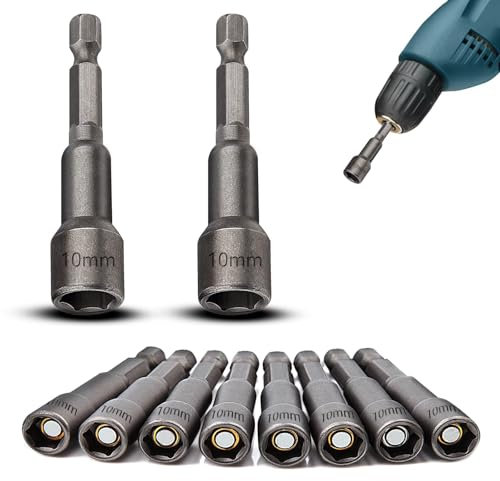 TXXATX 10 Pièces Douille Visseuse à Choc 10 mm Magnétique 1/4 Embout Visseuse à Choc Hexagonale Adaptateur Douille Visseuse pour Clé à Douille Visseuses sans Fil Tournevis à Écrou Perceuse à Main