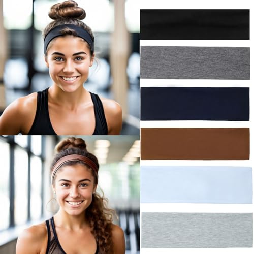 6PCS Headbands for Women Non Slip - Fashion Elastic Sports Hair Bands for Women’s Hair - Soft Cotton Cloth Stretchy Headbands for Girls for Yoga Workout Exercise Running Sports (Neutral)