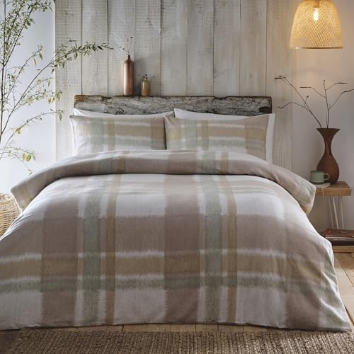 Appletree - Funda de edredón de Franela Natural y Verde Salvia, tamaño King (230 x 220 cm), 100% algodón Cepillado súper Suave, Ropa de Cama de tartán marrón Claro y Verde, Juego de Cama a Cuadros
