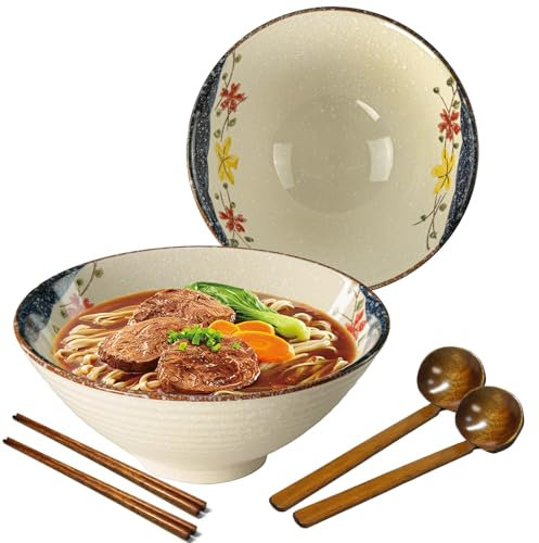 mehrido Ensemble de bols à ramen en céramique, 2 ensembles de 1,2 litres - Grands bols à nouilles japonaises avec cuillères et baguettes pour soupe, udon, soba, pho, nouilles asiatiques, salade de