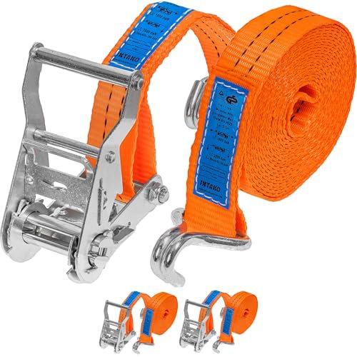 INTAKO Cinghia a Cricchetto 2000kg x 6m x 35mm - 2 Pezzi - Cinghie di Fissaggio per Moto - Cinghie di Tensione con Cricchetto Arancione - Conforme alla Norma EN 12195-2 TÜV GS