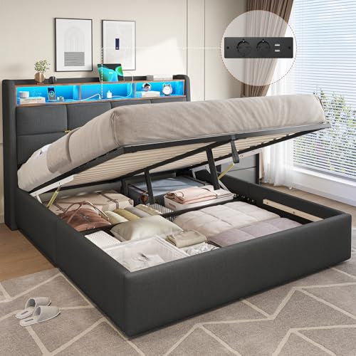 DICTAC Polsterbett 160x200 mit Bettkasten,LED Beleuchtung und Steckdosen Doppelbett 160x200cm mit Hydraulisch Stauraum,Kopfteil und USB-Anschlüssen Leinen bettgestell 160x200 mit Lattenrost,Dunkelgrau