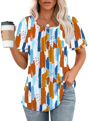 Chicrise Camicia Donna Manica Corta Girocollo Maglia Estiva Lunga Blusa Multicolore 2X Grande 50-54