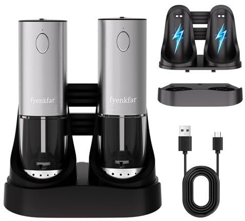 Fyenkfar macina sale e pepe elettrico, con base di ricarica, corpo in acciaio inossidabile 304, nucleo di macinazione in ceramica, regolazione L/H, 6 livelli di macinatura