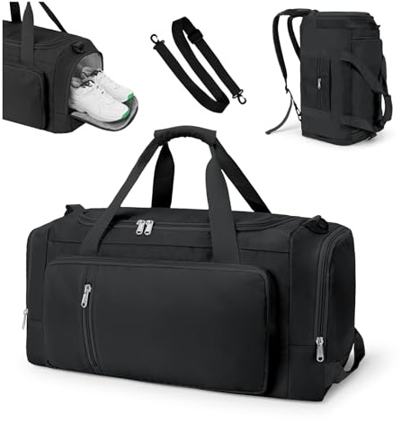 Sports Gym Bag Duffle Bag with Shoes Compartment for Womens Mens, CS COSDDI Weekend Travel Bag Overnight Bag with Wet Pocket, Luggage Bag Hospital Bag Holdall Bags with Shoulder Strap Backpack (Black)