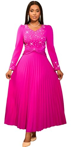 AOMEI Womens Elegant Bead Long Sleeve Evening Maxi Dress Formal Dinner Party A-Line Pleated Dresses for Women (Rose,M)