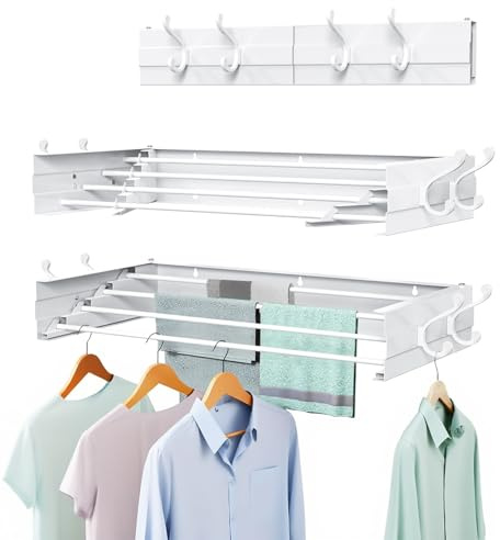 SZJoyBet Laundry Drying Rack, Collapsible Wall Mounted Clothes Drying Rack - Foldable,Space Saving, 13.2 Linear Ft, 4 Aluminum Rods, 60 lb Capacity (White, 23.6 Wide)