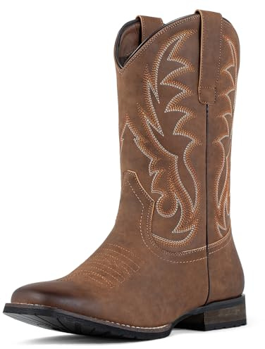 J's.o.l.e Bottes de cowboy pour hommes Bottes western à bout carré large classique brodées avec résistance au glissement brun, marron, 44 EU