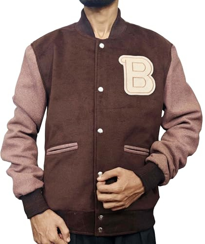 MUKHTALIF Mens Varsity Letterman Fashion Wool Bomber Slim Fit Casual Warm Boys College Baseball Jacket (US, Alpha, X-Small, Regular, Regular, Brown)