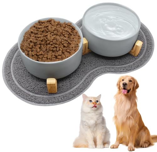 Hundenapf Keramik 850ml Doppel Futternapf Hund mit Bambus Ständer und Rutschfestem Matte, Hundenapf Set Erhöht Hunde Napfset, Erhöhte Futterstation Hund 2er Set für Katzen Kleine Mittelgroße Hunde