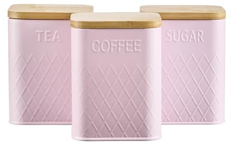 Cooks Professional 3 Piece Tea, Coffee & Sugar Square Cannister Set with Bamboo Lids | Diamond Pattern Labelled Stainless Steel Kitchen Storage Bins Airtight Containers | Pink