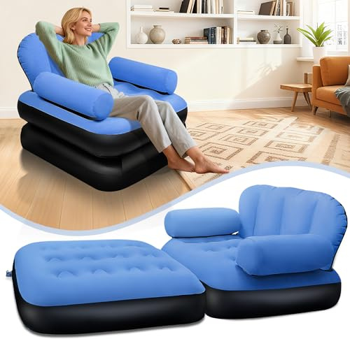 PRAXXIS Blow Up Pull Out Couch w/Headboard,Flocked Inflatable Chair