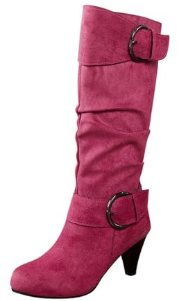 2026 Botines Mujer Mujer e Invierno Moda Gamuza Tacón Fino Color Sólido Botas de Pantorrilla Media Temperamento Botas Cómodas, Rosa intenso., 38 EU