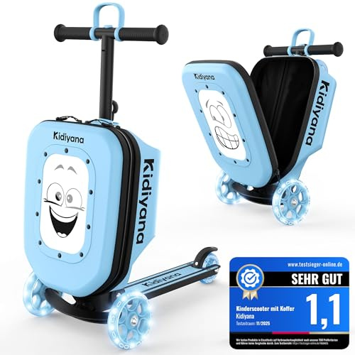 Kidiyana Kinder Scooter mit Koffer, Handgepäck Koffer mit Roller, LED-Rädern, Höhenverstellbarer Lenker, A5 Sichtfenster, 7cm Stauraumerweiterung, Kleinkind Geschenk für 2–8 Jahre, Bis 50kg, Blau